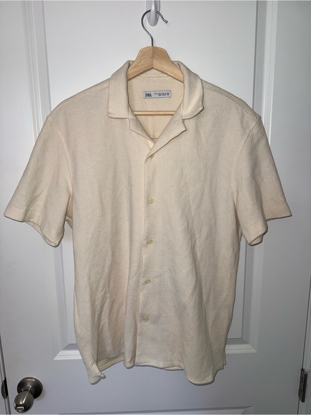Zara Men Cream Short Sleeve Textured Button-Down Shirt